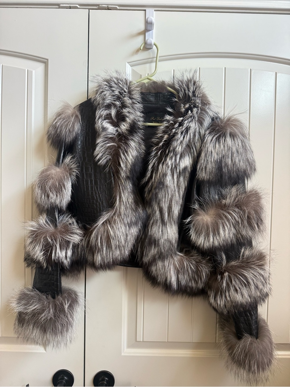 Pat Dahnke Silver Fox Fur Trim Black Leather Jacket